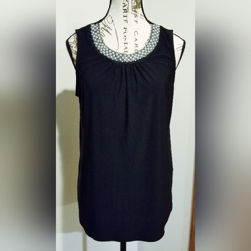 Faith and Joy Black Formal Blouse Beaded Pearl Collar Sleeveless Size Medium